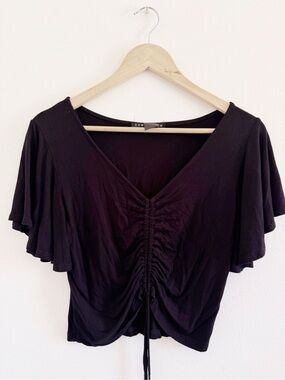 Como Black Ruched V-Neck Crop Top in Black ~Medium